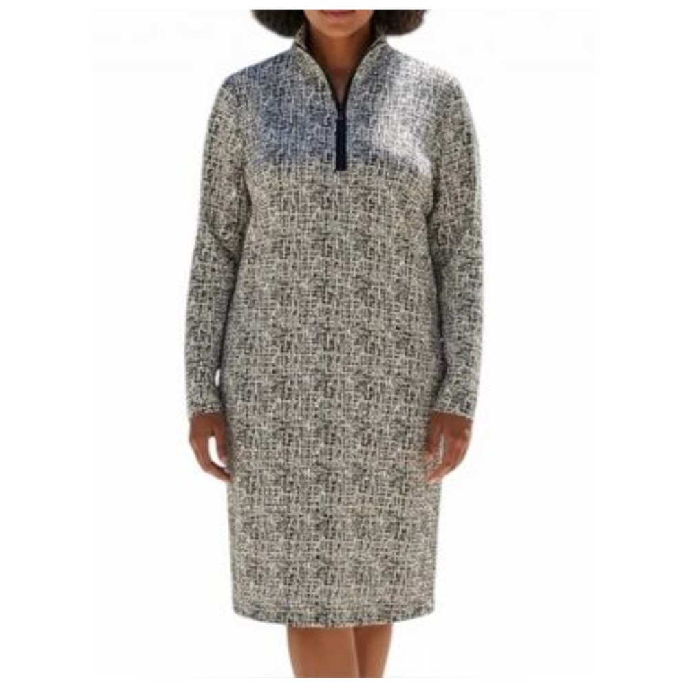 J. McLaughlin Bedford Dress Black White Grid Print Mock Neck 1/4 Zip Shift Sz XL